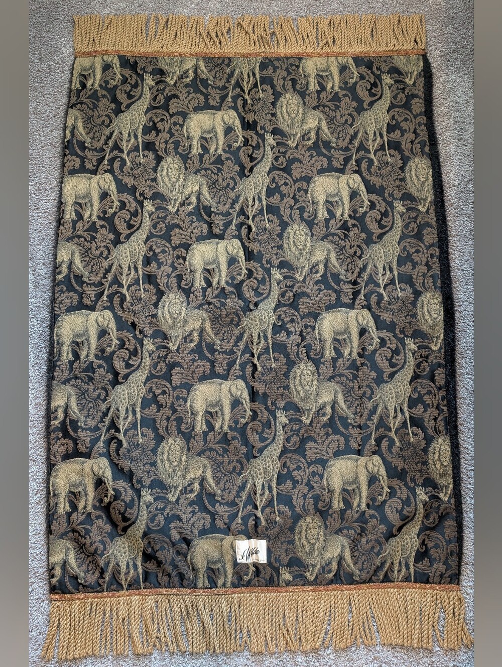 Vintage J. Wilde Safari Animal Throw Blanket Tapestry Black Fur Gold Fringe - Picture 3 of 11